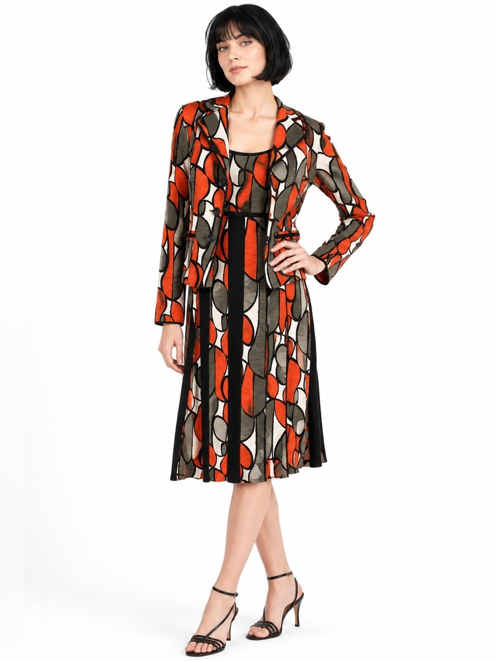 Vintage Joseph Ribkoff Dress Suit 2 Piece Mod Jacket Orange Grey‎ Black Size 6